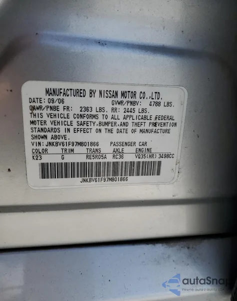 2007 Infiniti G35 from USA, damaged, VIN JNKBV61F97M801866